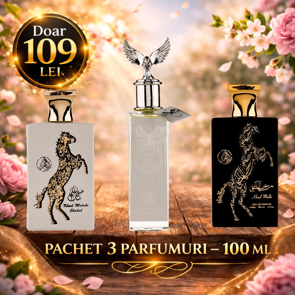 Pachet 3 Parfumuri 100 ml Shaheen White , Khail Malaki Shabab , Khail Malaki