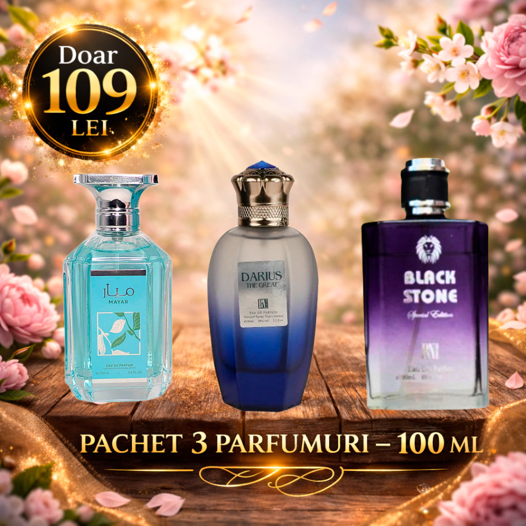 Pachet 3 Parfumuri 100 ml Darius The Great , Black Stone , Mayar Natural Intense
