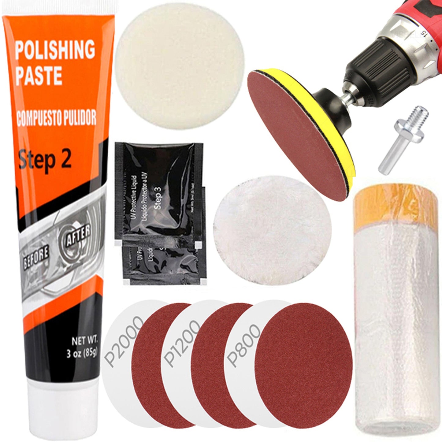 Kit polish faruri cu pasta, bureti si discuri abrazive 12 accesorii