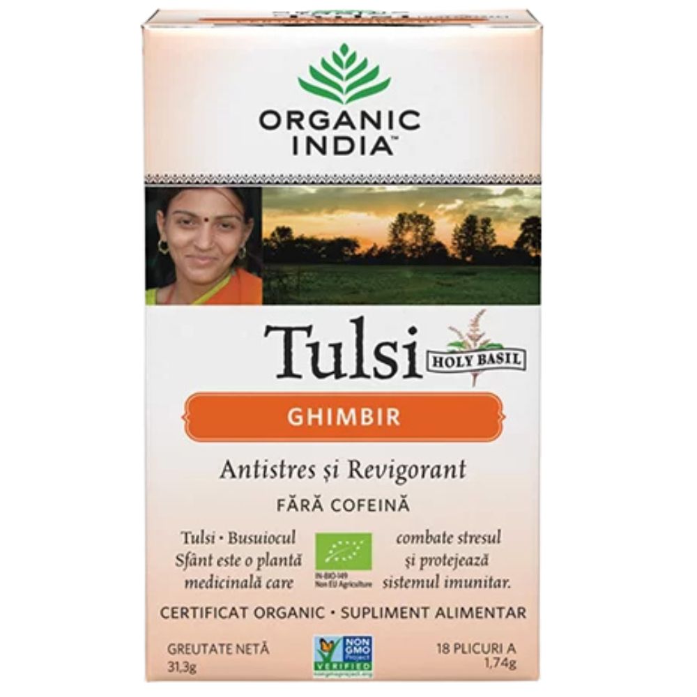 Organic India Ceai Adaptogen Tulsi Ghimbir, 18 plicuri