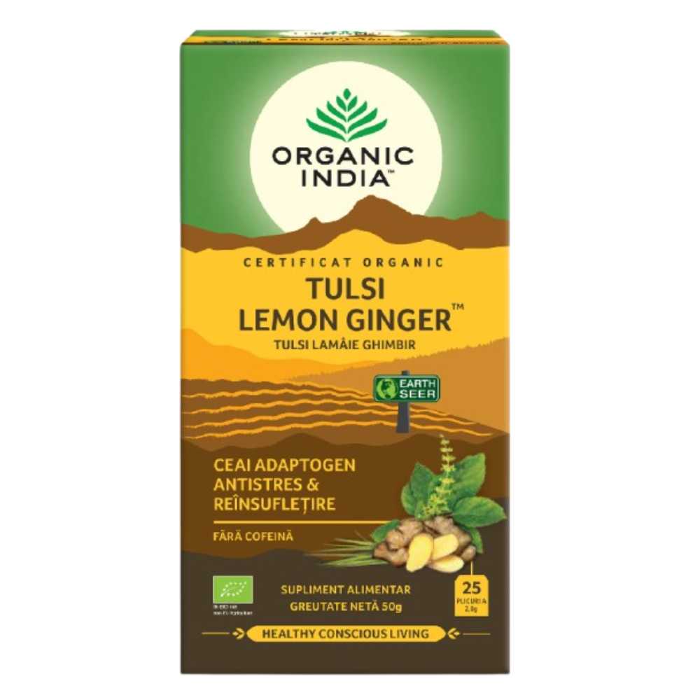 Organic India Ceai Adaptogen Tulsi Lamaie Ghimbir, 25 plicuri