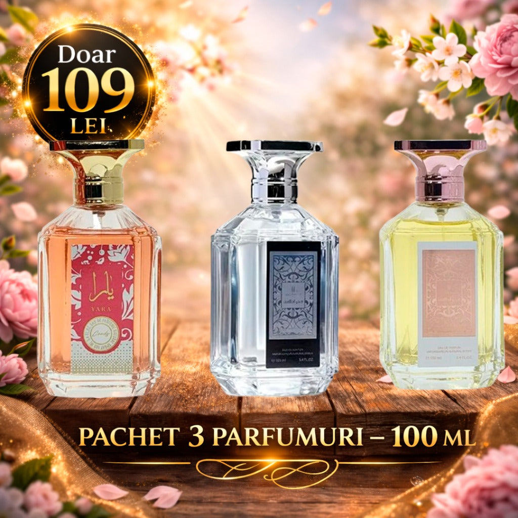 Pachet 3 Parfumuri 100 ml Fakhar Man , Fakhar Dama , Yara Candy Dama
