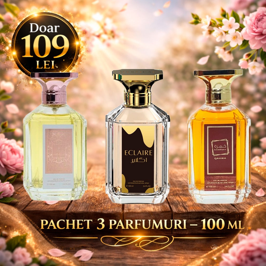 Pachet 3 Parfumuri 100 ml Fakhar Dama , Eclaire Black Barbatesc , Khamrah Qahwa Unisex