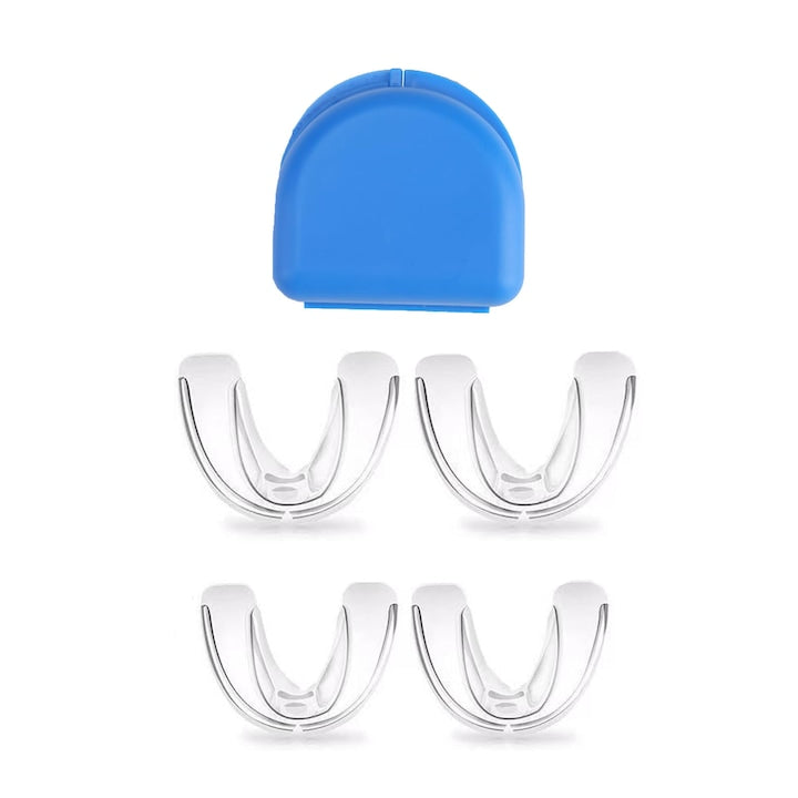 Set 4 gutiere impotriva scrasnitului din dinti AFKSMILE Cutie Inclusa material termoactiv ce se muleaza perfect pe arcada dentara Prentu sforaitului Rezistenta la praf Portabil EVA 5.5*4.6*1.5cm/6.6*5.4*1.8cm Transparent