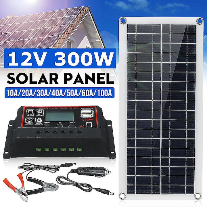 Panou solar 300W YANYXR BCS3232519 12V kit portabil cu regulator PWM incorporat si USB rezistent la apa pentru acumulator auto/marine/RV negru/alb