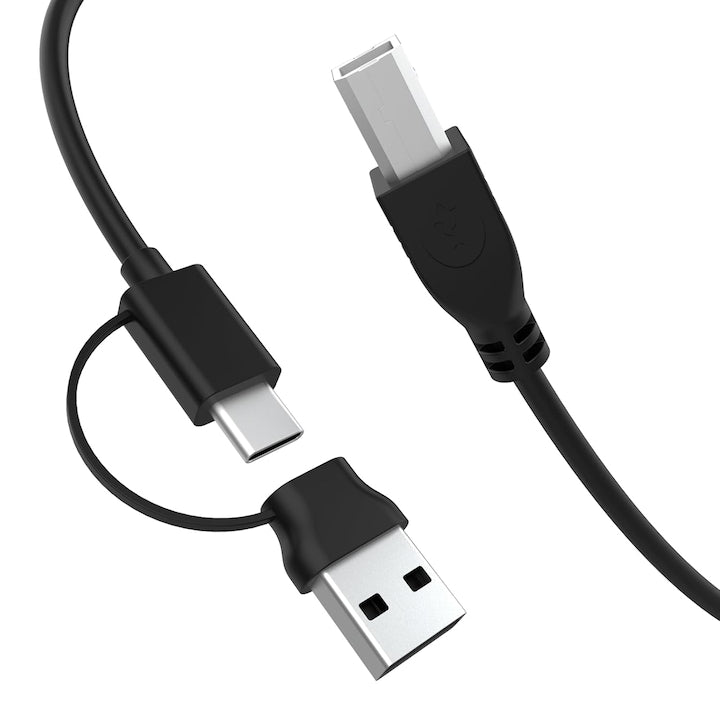 Cablu de imprimanta 2 in 1 USB-A/USB-C la USB-B 2.0 480 Mbps 1 m pentru imprimante scanere si controlere MIDI OUYLAF Negru