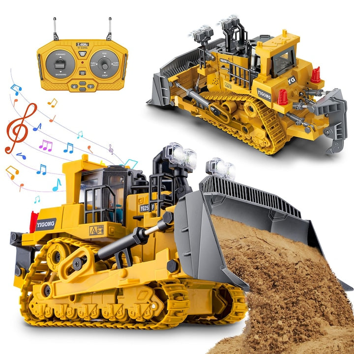 Buldozer de jucarie WALALLA control remote 9 canale scara 1:20 galben imperial rotire 360° Doua baterii de 1800 mAh cu lumini si sunet