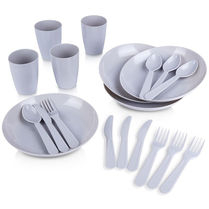 Set De Vase Si Tacamuri Pentru Picnic Pentru 4 Persoane Vilde 20 De Elemente Cani 7x95 cm Farfurii 205x3 cm Tacamuri 17 cm Fabricate Dintr-Un Material De Inalta Calitate Fara Bpa Reutilizabile Usor De Curatat Gri Deschis