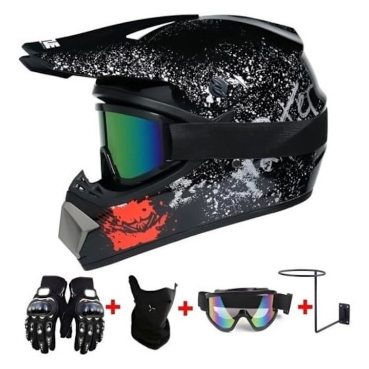 Protective Helmet Set with Gloves, Goggles, and Balaclava for Bicycles, Motorcycles, Cross, Enduro, ATVs, Dirt Bikes, Size S, ABS, Multicolor, Removable Washable Interior