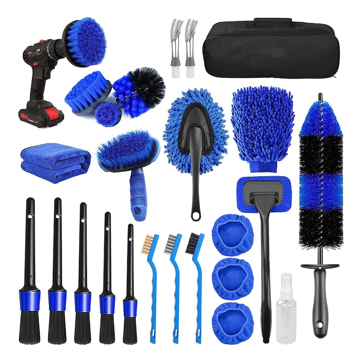 Set Premium 25 Piese detailing auto Wacorresi 5 perii pentru detalii vine cu 4 carpe absorbante puternice Instrument de curatare a parbrizului Cap de perie rotativ la 180 de grade anti-alunecare atingere moale albastru