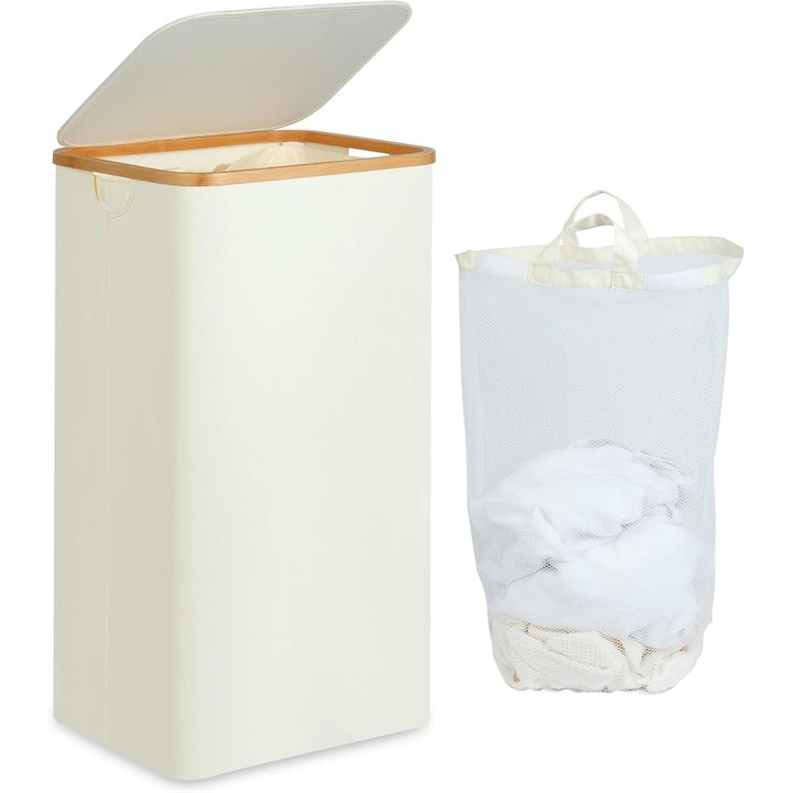 Bamboo Laundry Hamper, 100L Tall Laundry Basket with Bamboo Handles for Clothes and Toys, Foldable Laundry Hamper with Inner Bag for Bedroom and Bathroom, Beige