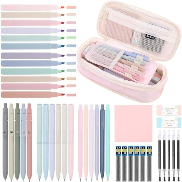 Set rechizite scolare 44 piese 12 markere pastel 5 pixuri gel multicolor 22x10.5x6.5cm