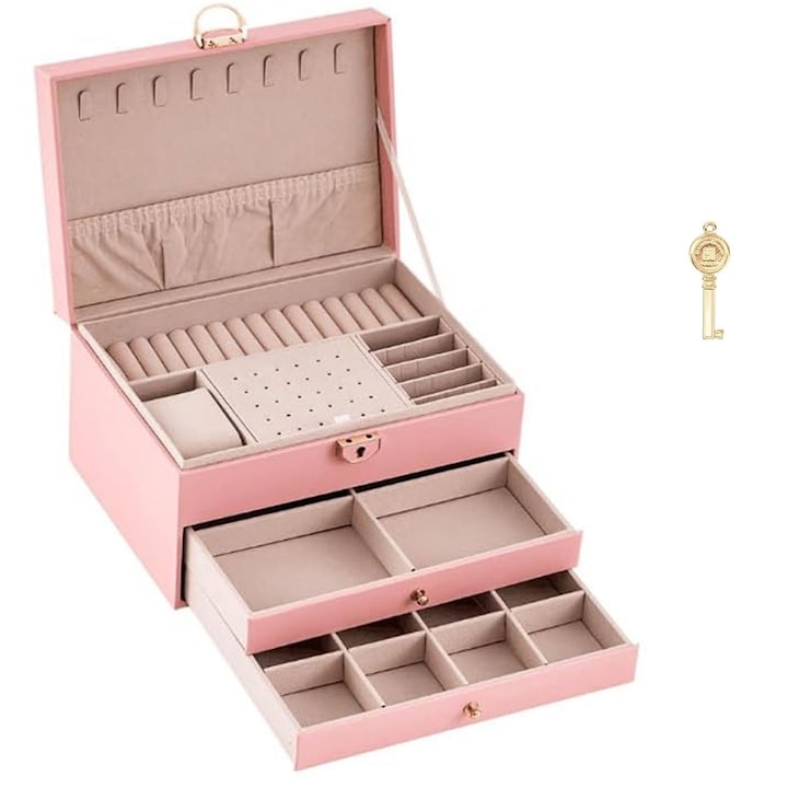 Hggzeg - Cutie bijuterii Cutie organizatoare pentru bijuterii Cutie de bijuterii cu cheita Cu 3 sertare Rezistent la praf Pentru inele coliere cercei si bratari Material catifelat Piele PU 23 x 17 x 13.5cm Roz 12 rate cu 0% dobândă
