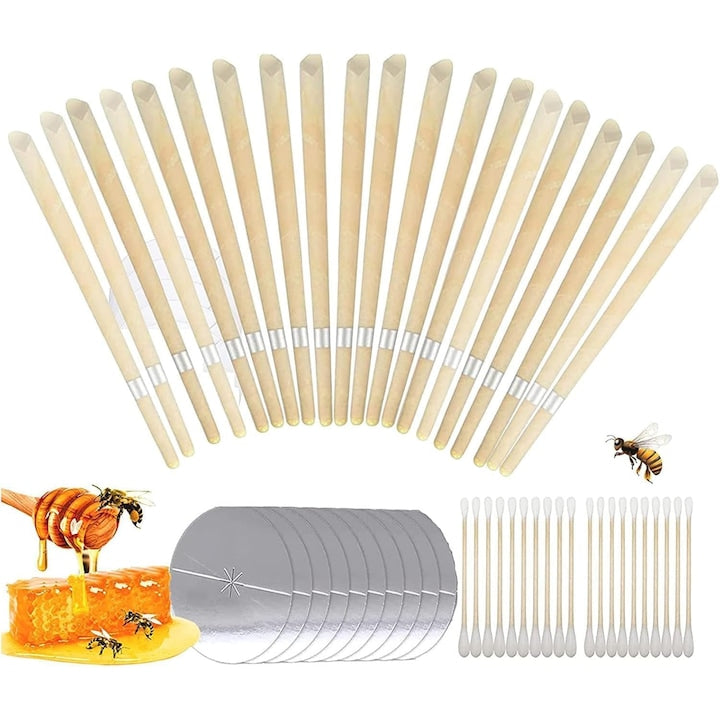 Set of 50 Ear Candles with 10 Protective Discs and 20 Cleaning Candles - Improves Sleep, Reduces Stress, Beeswax - Yellow
