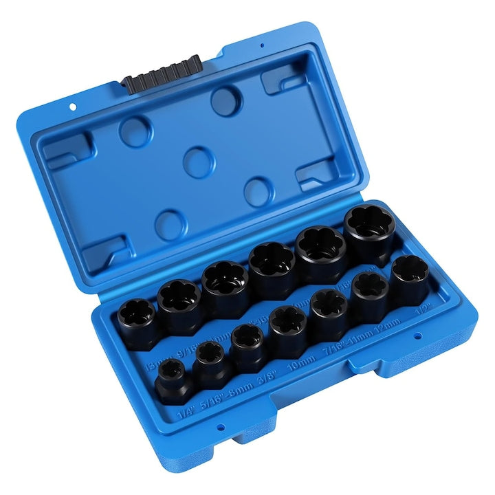 13-Piece Screw Extractor Set for Broken Bolts and Damaged Nuts, 6.35-19 mm, Steel, Black