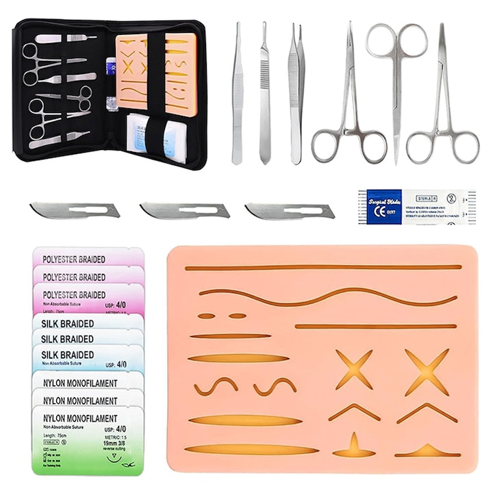 Professional surgical suture practice kit with 6 surgical instruments, Rqiurpn, durable silicone pad, 304 stainless steel, assorted surgical forceps, case, reusable, portable, black