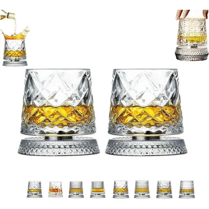 Pahar whisky rotativ 360 grade textura diamant sticla 1 buc transparent 10x10cm