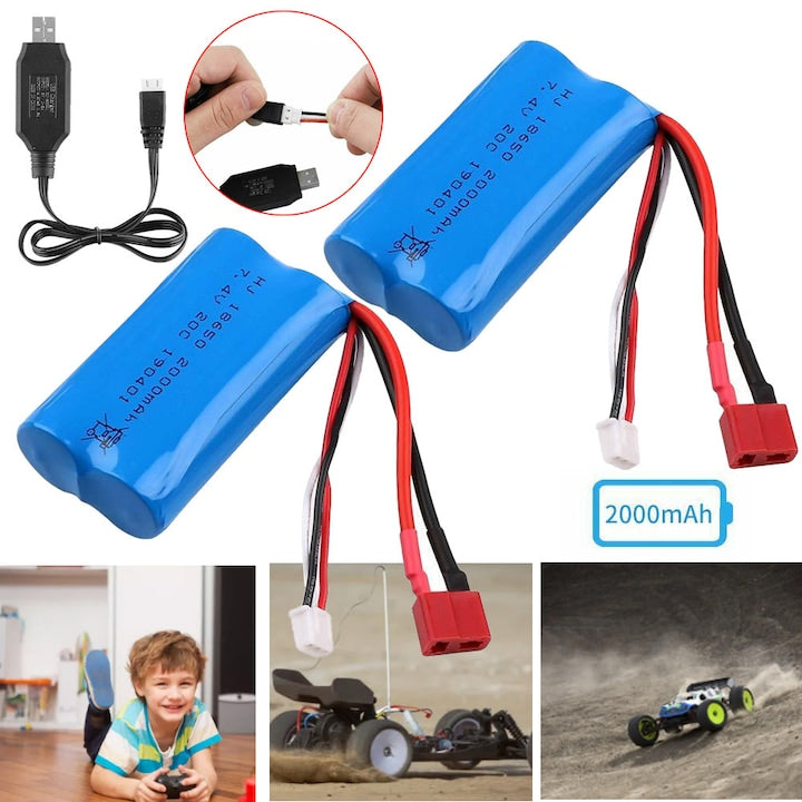 Pack of 2 Rechargeable Li-ion Batteries 7.4V 2000mAh 20C with USB Charging Cable for RC Off Road Truck Jumper Truggy RC Plane Helicopter Toys Dimensions 70x19x37mm