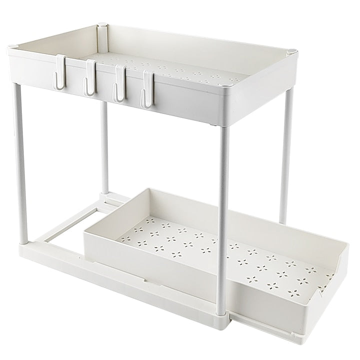 Organizator multifunctional Qipuneky cu rafturi glisante si 4 carlige plastic alb 40cm