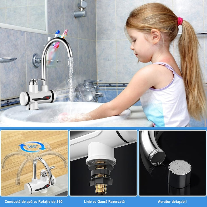 JFYU Electric Faucet with Shower, LED Digital Display, 3000W, 110V, Max Temperature 60°C, Adjustable Temperature, Sink Mount, 360° Rotation, White/Silver