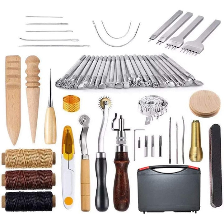 WALALLA 59-Piece Leather Tool Set, including 7-in-1 adjustable stitching groover, leather stamp, popper, suitable for beginners and professionals, for carving, stamping, sewing