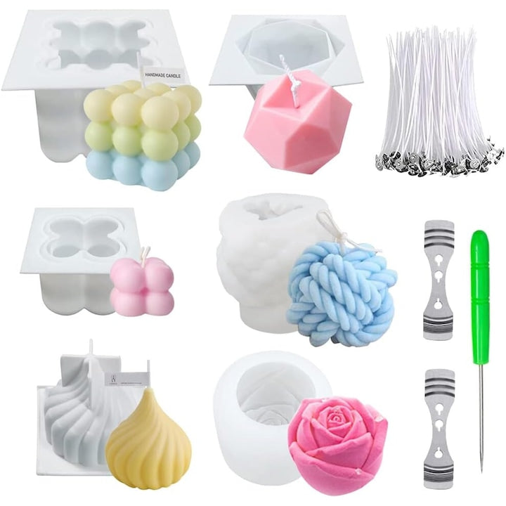 Set of 6 Silicone Candle Molds, Food Grade Silicone, Includes Accessories: 100 Candle Wicks, 2 Candle Wick Holders, 1 Sewing Needle, 3D, White