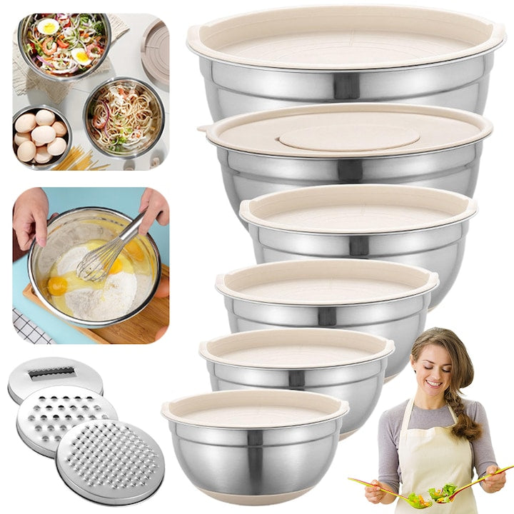Set of 6 Stainless Steel Mixing Bowls with Airtight Lids, diameters 6.5L, 3L, 2.35L, 1.85L, 1.4L, 1L, non-slip base, grater accessories