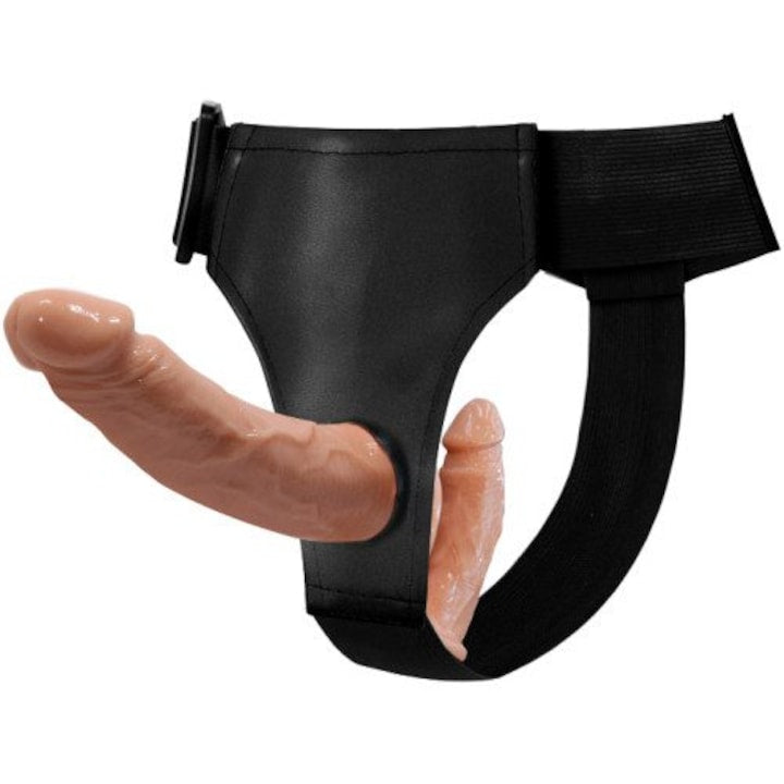 TPR PU Double Dildo Strapon Set 13.5x3.4cm / 10x2.8cm Beige / Black