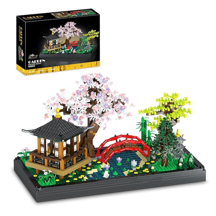 WALALLA Building Set, Cherry Blossom Garden Pavilion and Bridge, 2280 pieces, Bonsai Trees, 13.5x14x26cm