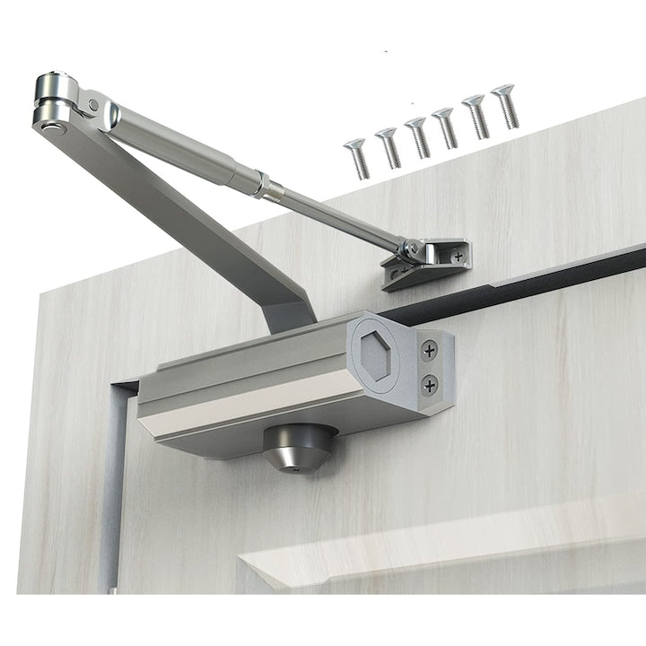 Automatic Hydraulic Door Closer, Surface Mounted, Aluminum Alloy, Adjustable Speed, for Doors 65-85 kg, Residential and Commercial Use, WALALLA, Silver
