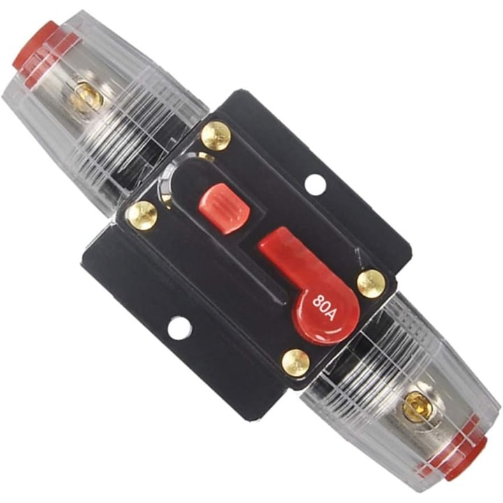Intrerupator automat 80A PsAyl pentru protectia sistemului audio auto si marin 12-24V DC resetare manuala 98x43x35mm