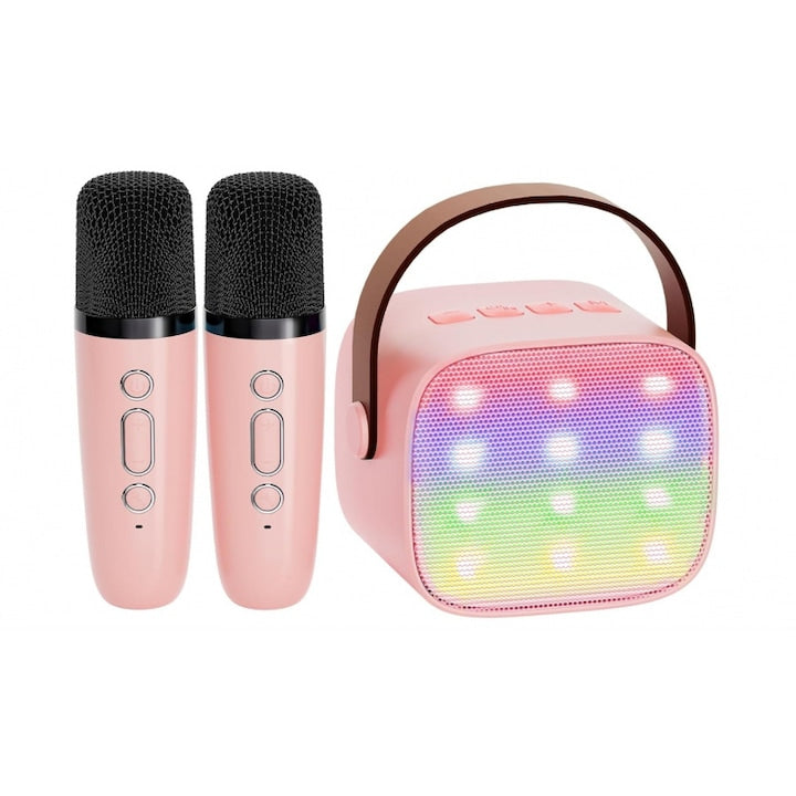 Set mini masina de karaoke pentru copii microfon roz boxa Bluetooth portabila 2 microfoane lumini RGB dinamice