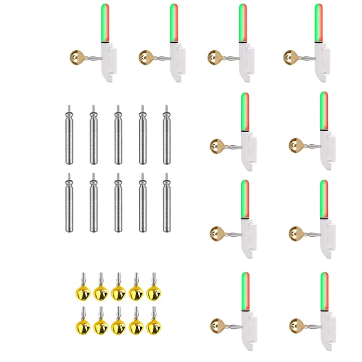 Set de 10 indicatoare inteligente pentru undite ZOUN compus din 5 unitati rosii si 5 unitati verzi ideale pentru pescuitul nocturn. Dispune de un clopotel si functioneaza cu o baterie CR425. Functie de schimbare a culorii