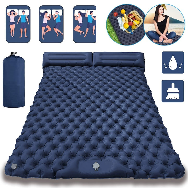 Inflatable double mattress, 200x130x13cm, waterproof, ultra-light, navy blue, with built-in foot pump