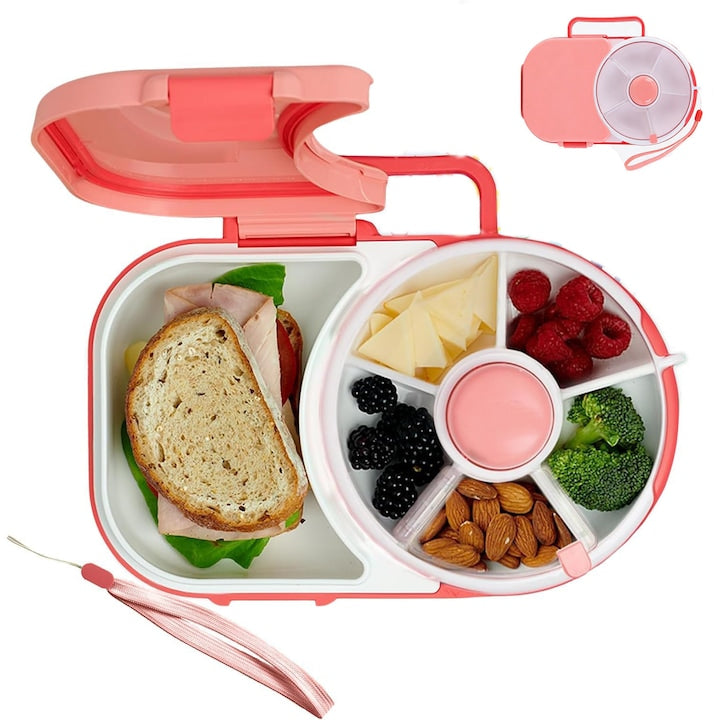 Kids Lunch Box with Detachable Snack Spinner, 5 Small Compartments + 1 Large Sandwich Compartment, BPA and PVC Free, Coral Pink