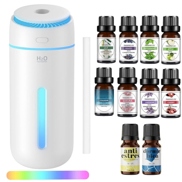 Umidificator mini portabil AYCYKD 400ML moduri de pulverizare cu lumini LED pentru birou calatorii silentios 10 sticle ulei