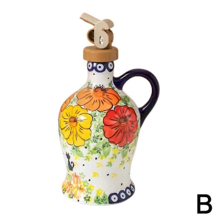 Recipient pentru ulei ceramic dispenser/sticla pictata manual gura larga anti-scurgere cu maner Multicolor 600ml