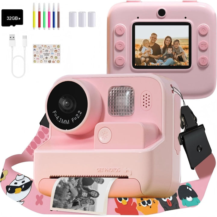 Camera Foto Instanta pentru Copii SANSES Functie De Printare 48 MP Ecran 2.0 Inch Full HD Rezolutie 1080p Baterie 1400 mAh Blitz Card SD 32Gb Inclus Roz
