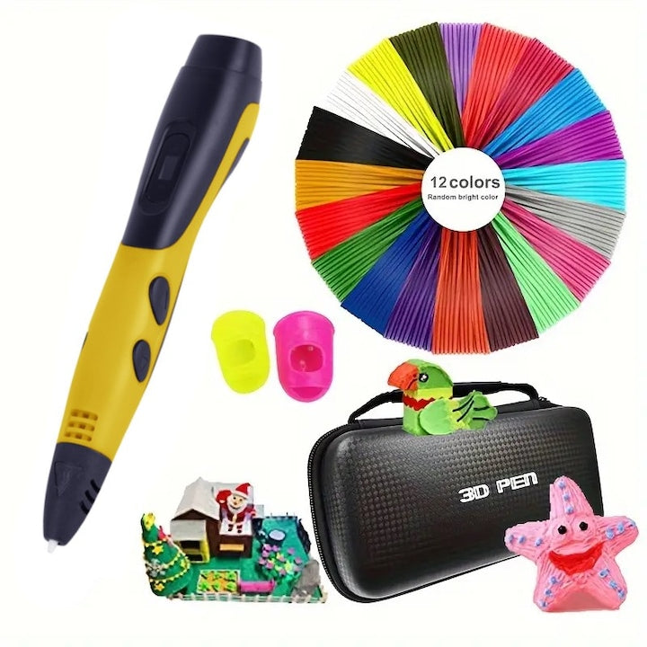 Walalla 3D Printing Pen Kit with LED display, includes carrying case, 1.75mm PLA filament, 12 colors, 3-meter filament per strip, ergonomic design, anti-clogging technology