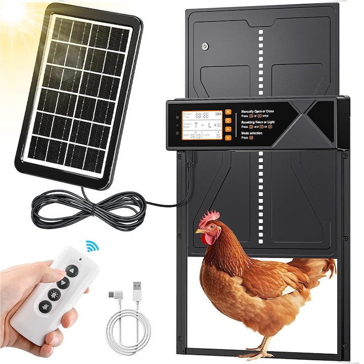 Rqiurpn Automatic Chicken Coop Door, 4 Modes, Solar Power/USB, With Remote Control and LED Display, Intelligent Protection, Automatic Sunrise-Sunset Closing, Waterproof, Weather Resistant, Aluminum Alloy, Black