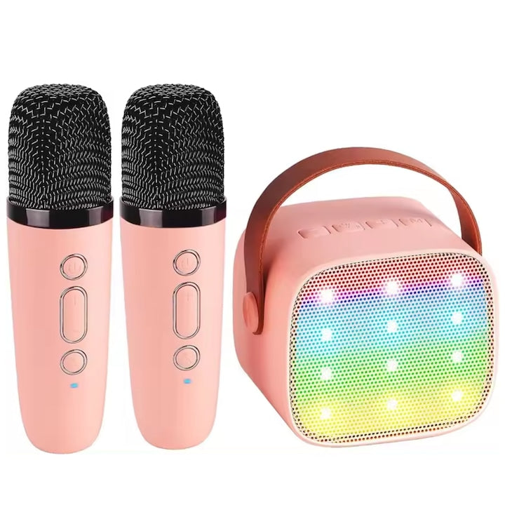 Set jucarie cu boxa portabila si 2 microfoane Wireless Bluetooth Simply Joy Karaoke Copii si Adulti Lumini LED RGB Dinamice Roz