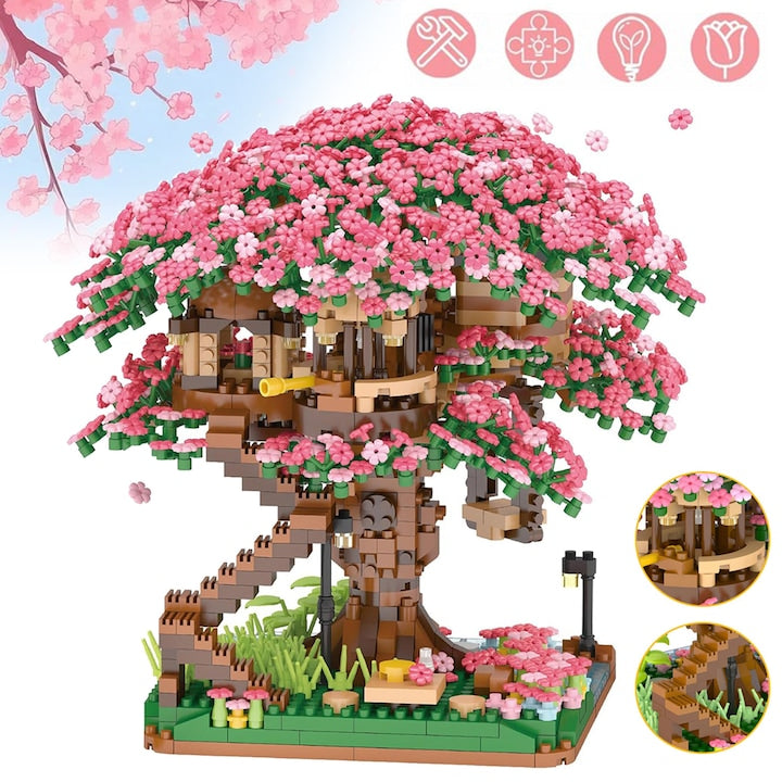Mini Micro Cherry Blossom Bonsai Building Set 2008 Pieces Japanese Sakura House Model Kits Flower House Mini Brick Building Kit Creative Collectible Toys