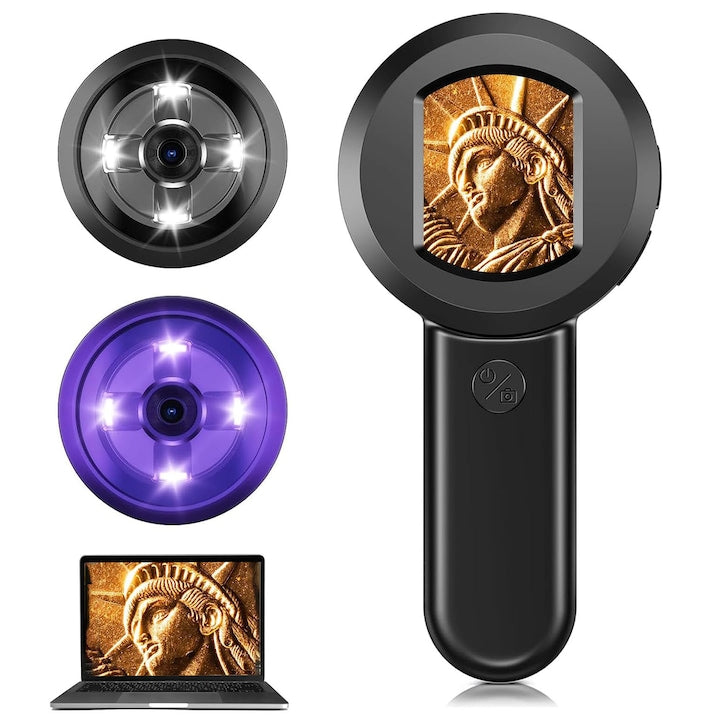 Lupa cu LED 100x 8 LED-uri Iluminare 2 moduri Ecran IPS de 2 inchi Compatibil PC Cu buton USB Type-C Tinut in mana Pentru identificarea bijuteriilor si inspectarea obiectelor artizanat harti electronice miniaturi bijuterii OUYLAF Negru