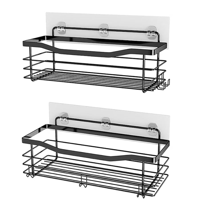 Set rafturi de dus din 2 piese Special fara perforare cu 5 carlige otel inoxidabil pentru depozitare in bucatarie organizator pentru baie Negru 31x13x7.5cm
