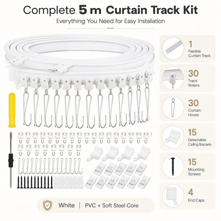 Flexible PVC curtain track with steel insert, complete set 500 cm, ceiling mount, with rollers, hooks, brackets, screws and end caps, white