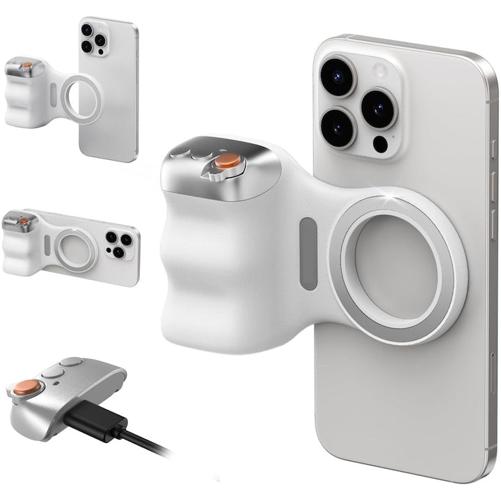 Maner inteligent cu buton Telesin Fun Shot P1-M-10 cu telecomanda bluetooth wireless detasabila atasare magnetica control zoom compatibil iPhone 16 15 14 13 12 IOS/Android OUYLAF Alb
