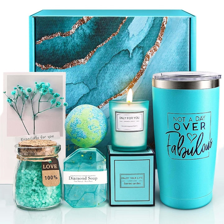 Spa Gift Set for Women Rqiurpn, 5 Pieces, Includes Insulated Tumbler, Soap, Bath Bomb, Bath Salt, Scented Candle, Blue, Elegantly Packaged, For Her, Mom, Girl, Wife, Daughter, Sister, Godmother, Teacher