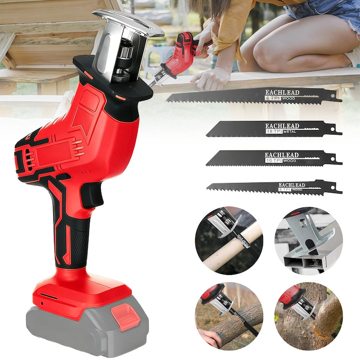 Cordless Reciprocating Saw, Saber Saw, with 4 blades included, without battery/charger, for wood, plastic, metal, 25x35x10cm, Red