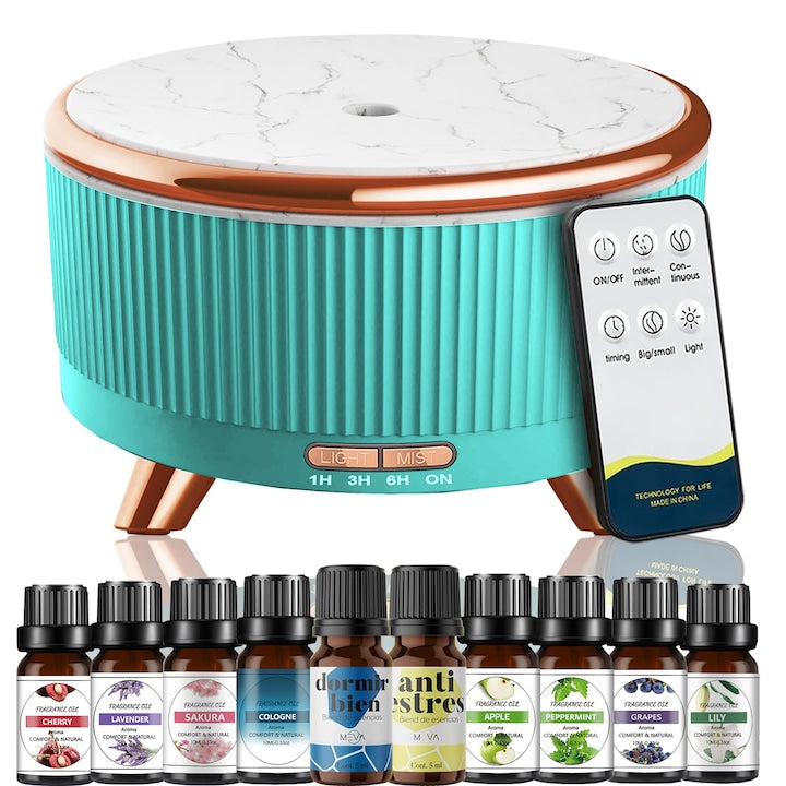 AYCYKD Aroma Diffuser 500ml Aromatherapy Humidifier 7 Colors Air Humidifier Aromatherapy Diffuser Remote Control Elegant Design with Marble Texture Intermittent Mist Modes Water Blue 10 Essential Oils