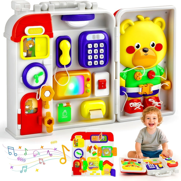 Panou cu Activitati Montessori BusyBoard Jucarie Interactiva si Educativa pentru Bebelusi material ABS ingrosat dur si durabil Jucarie Muzicala Lampa LED dispozitive de raspuns telefonic ceasuri volan si altele 26x23x6cm 0-3 ani